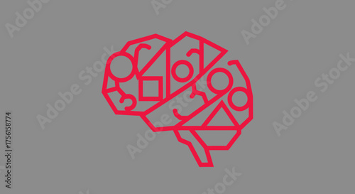 A stylized, red brain outline on a gray background composed of geometric shapes
