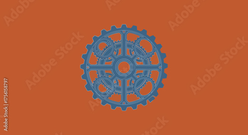 A gear mechanism illustration, intricate design, on a vibrant orange background