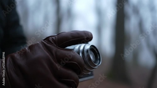 Close up of a hand holding a small vintage camera against blurred nature