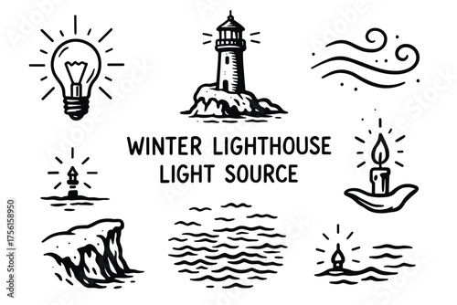 Black outline vector icons featuring a lighthouse, light bulb, candle, waves, and swirling winds representing light sources and ocean elements.