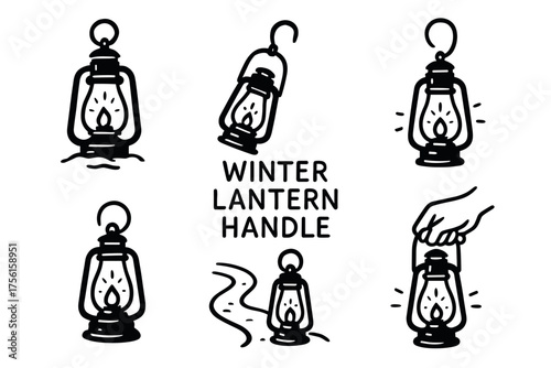 Black line drawings of a traditional lantern with different designs, including a hand holding the handle and a tilted position.