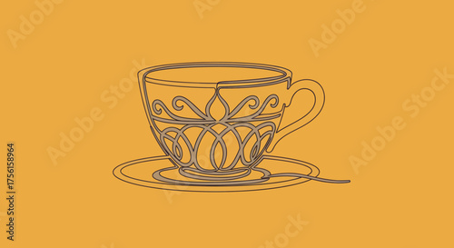 An outlined teacup with intricate designs sits on a saucer, handle to the right, with a spoon