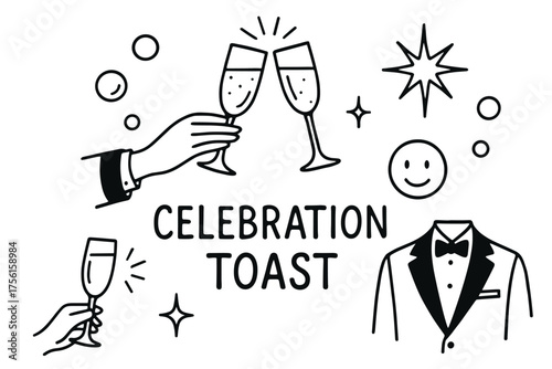 Black and white drawing featuring a celebratory theme with clinking champagne glasses, a tuxedo, and decorative elements like bubbles and stars.