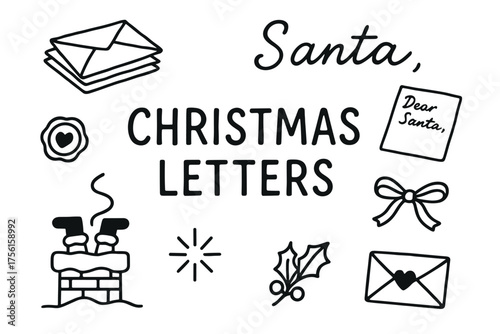 Black outline icons featuring christmas themes such as envelopes, santa’s letter, a gift bow, a holly sprig, and santa’s feet in a chimney.
