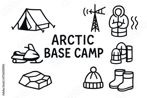 Black outline icons depicting a triangular tent, communication tower, person wearing a parka, snowmobile, igloo, knitted hat, and boots labeled "arctic base camp.