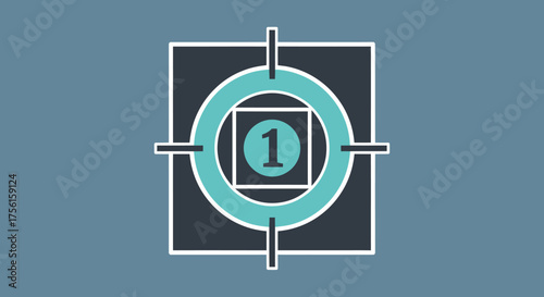 A teal ring and square target with a centered number 1, with crosshair on a grey-blue backdrop