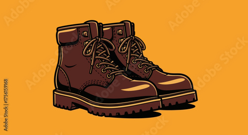 A pair of brown leather work boots with thick soles and laces, on a warm orange background