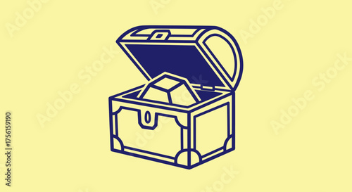 A detailed line art illustration of an open treasure chest with a geometric object inside