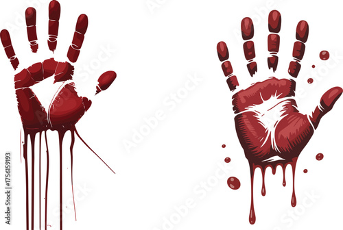 Bloody handprint illustration, red dripping hands artwork, horror crime scene design, forensic blood splatter symbol, scary graphic art, violent theme concept