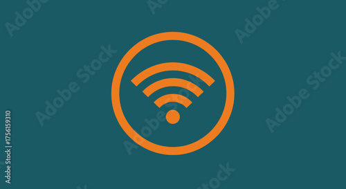 A teal background has an orange wifi symbol inside a circle. The symbol has curved lines and a dot