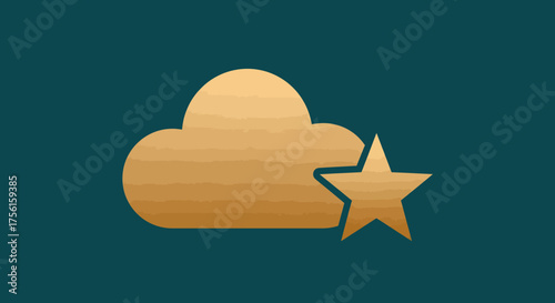 Gold cloud and star on a teal background; simple, flat design, digital illustration, abstract