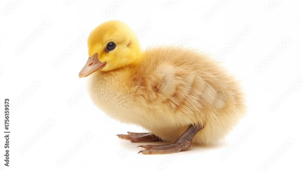 Fototapeta premium Adorable tiny yellow gosling with soft feathers on a white backdrop.