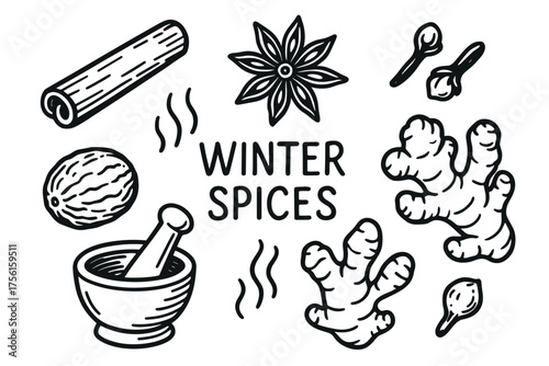 Black outline illustration of various winter spices including cinnamon, nutmeg, star anise, ginger, and a mortar and pestle.