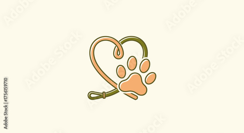 A minimalist pet-themed logo featuring a paw print integrated with a heart and leash design