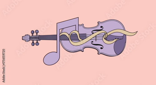 Illustration of a violet violin with flowing ribbon and a music note on a coral background