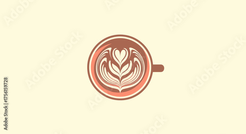 Overhead view of a cup of coffee with latte art in a floral design