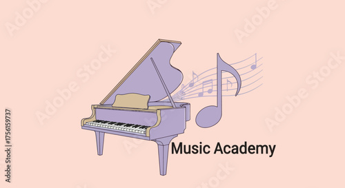 A purple grand piano with flowing notes and a giant musical note, set against a light orange backdrop