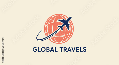 An airplane flies around a globe, with 'GLOBAL TRAVELS' text below on a cream-colored background