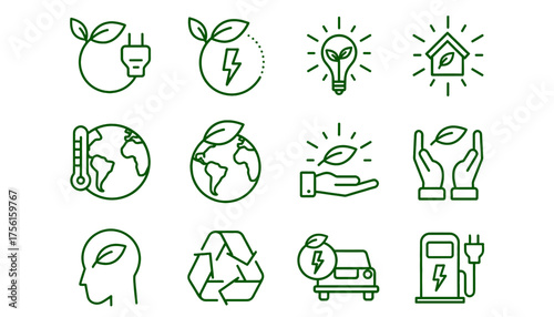 Ecology, Renewable Energy, and Sustainability Line Icon Set: Vibrant Green Outline Vector Symbols for Environment, Climate, Electric Vehicles, and Eco-Friendly Power