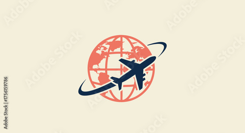 A stylized airplane silhouette circles a globe icon, with a swoosh, against a cream background
