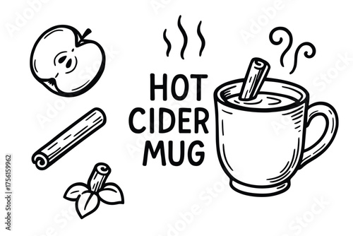 Black outline drawing of a hot cider mug with steam, surrounded by an apple slice, cinnamon sticks, and mint leaves.