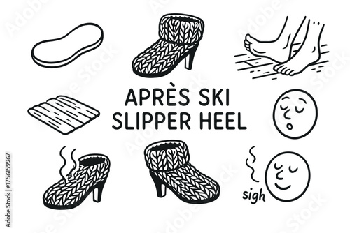 Black outline design of après-ski heeled slipper with sketches of bare feet, wooden floor, and smiling face expressing comfort.