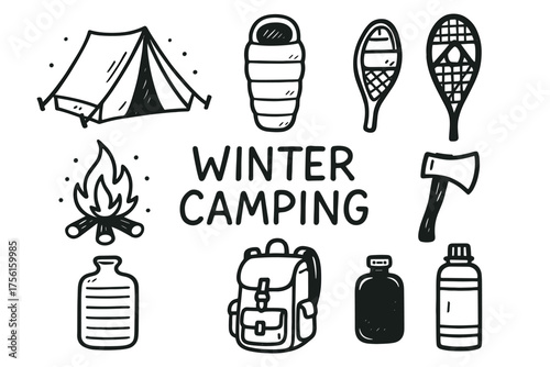 Hand-drawn black and white icons of a tent, sleeping bag, snowshoes, campfire, axe, canteen, backpack, and thermos with the text "winter camping.
