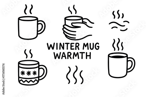 Black outline icons of steaming mugs with winter designs and hands holding a mug, accompanied by the text "winter mug warmth.