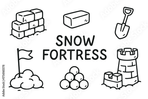 Black and white doodle illustration depicting elements of a snow fortress, including a brick wall, snowballs, a flag, a shovel, and a castle tower.
