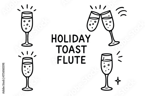 Simple black outline sketches of champagne flutes with bubbly drinks, including images of individual glasses and two clinking together.