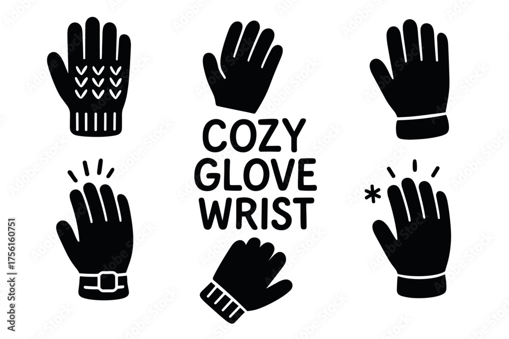 Obraz premium Black silhouette icon set featuring various glove designs, including knit patterns, buckled straps, and cozy wrist cuffs.