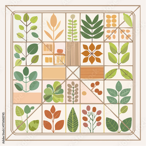 Quilt Pattern with Botanical and Abstract Elements.