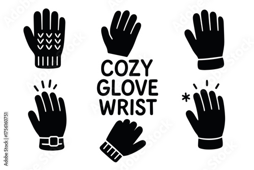 Black silhouette icon set featuring various glove designs, including knit patterns, buckled straps, and cozy wrist cuffs.