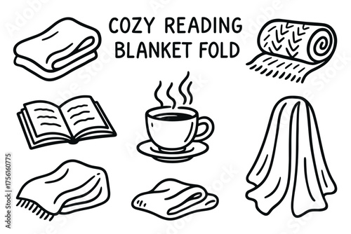 Black outline icons of a cozy reading setup, including a steaming cup, open book, and various folded blankets in different styles.