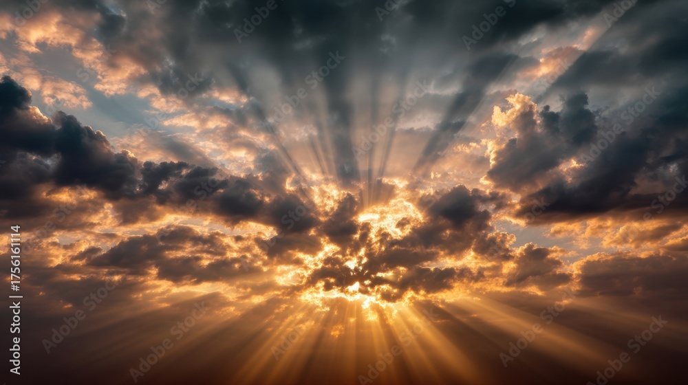 Fototapeta premium Majestic Sunrise with Rays of Light Emerging from Dark Clouds Over a Tranquil Horizon at Dawn Creating a Breathtaking Atmospheric Scene