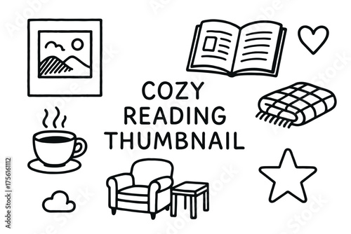 Black outline vector icons of an open book, steaming cup, framed picture, cozy chair, star, heart, and blanket for reading and relaxation themes.