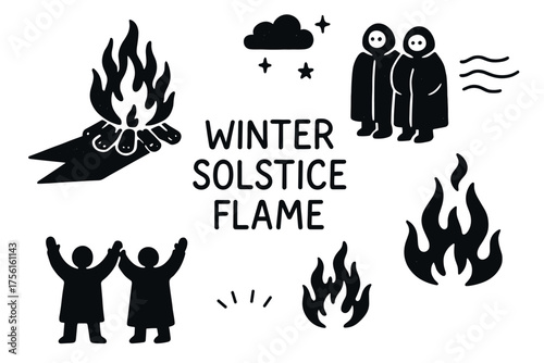 Black silhouette icons depicting a winter solstice celebration with flames, cloaked figures, stars, and a blazing campfire.