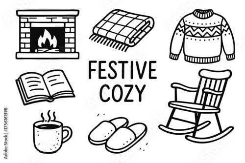 Black and white illustrations of a cozy scene with a fireplace, blanket, sweater, open book, steaming mug, slippers, and rocking chair.