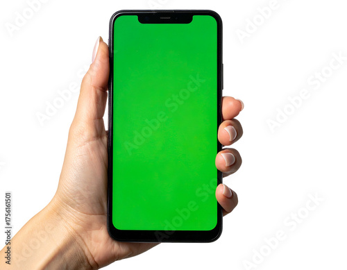Human hand holding a smartphone with a blank green screen on a transparent backdrop