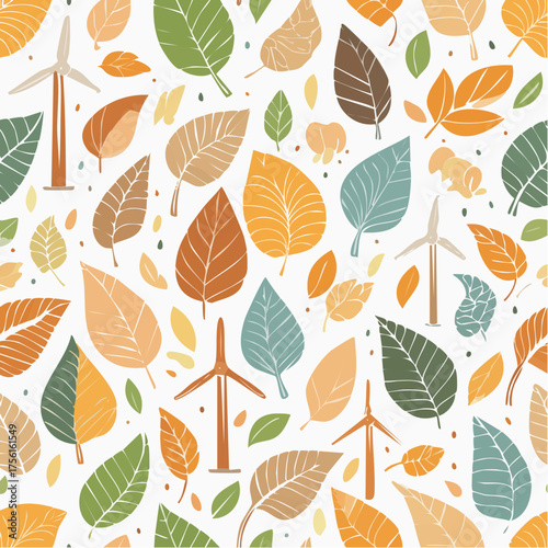 Autumn leaves and wind turbines seamless pattern.
