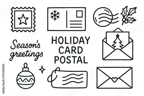 Black outline illustrations of holiday-themed elements, including cards, envelopes, ornaments, and festive greetings arranged in a decorative pattern.