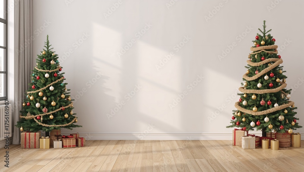 Fototapeta premium Festive tree adorned with lights and ornaments on a blank display backdrop. Bohemian style living area decoration. Premium 3D artwork.