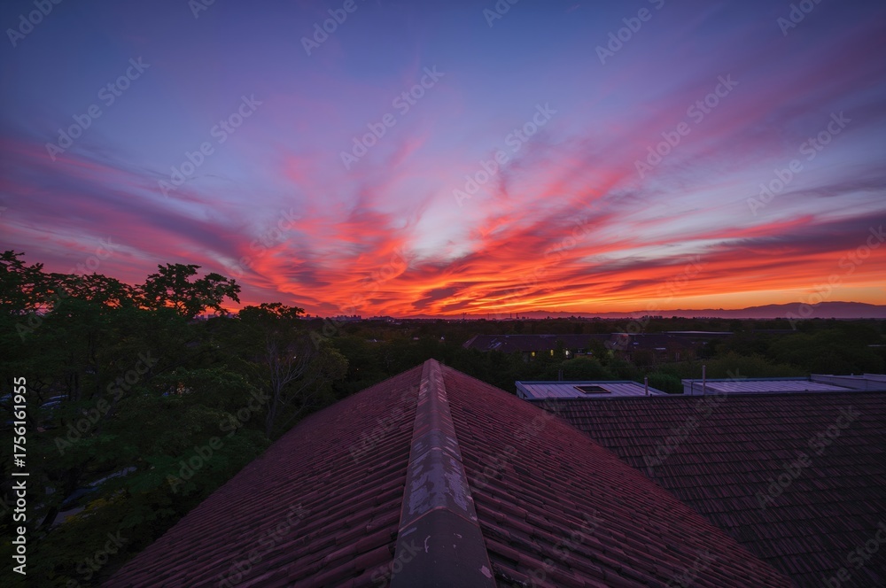 Obraz premium Scarlet evening sky above the rooftop