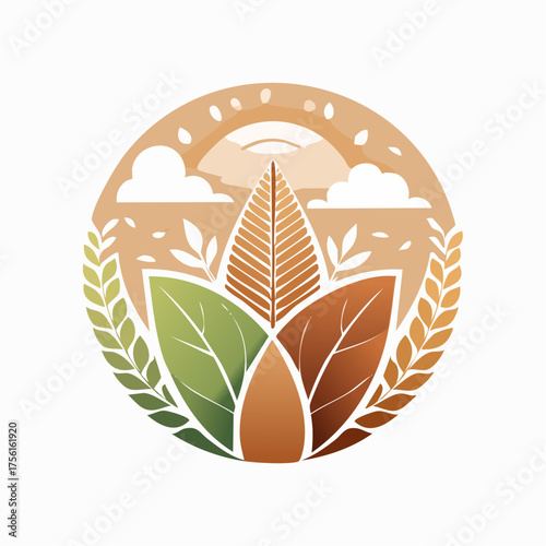 Circular Emblem with Wheat Stalks and Sunrise.