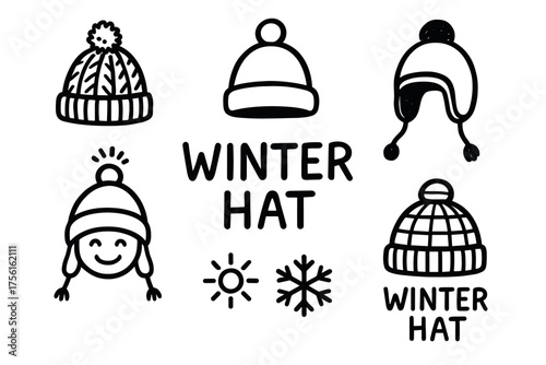Black outline icon set of various winter hats, including a beanie, earflap hat, and pom-pom hat, with a smiling face and seasonal symbols.