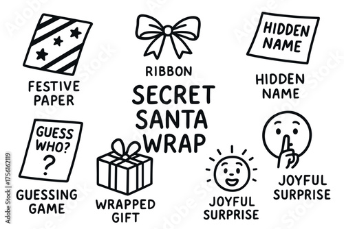 Black outline icons depicting a festive wrapped gift, a bow, guessing game elements, and joyful expressions for a secret santa theme.
