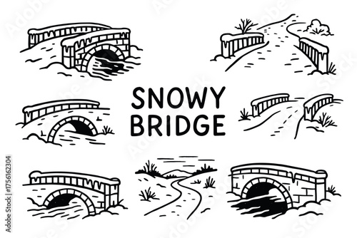 Black and white drawings of snowy bridges and snowy paths, featuring icicles and snow-covered landscapes.