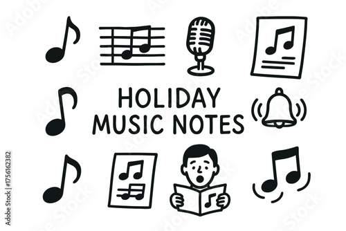 Black and white illustration of musical notes, a microphone, music sheets, and a caucasian child singing, surrounded by the text "holiday music notes" and a ringing bell.