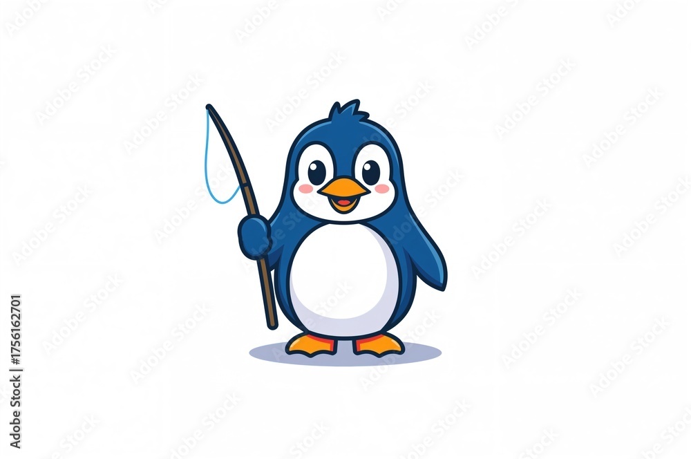 Fototapeta premium Adorable cartoon penguin character holding a fishing pole, isolated illustration