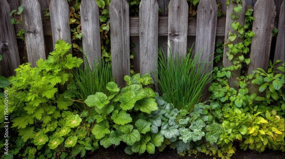 Naklejka premium Lush Green Plants Growing Along a Rustic Wooden Fence with Vibrant Leaves and Varied Textures Surrounding a Cozy Garden Space